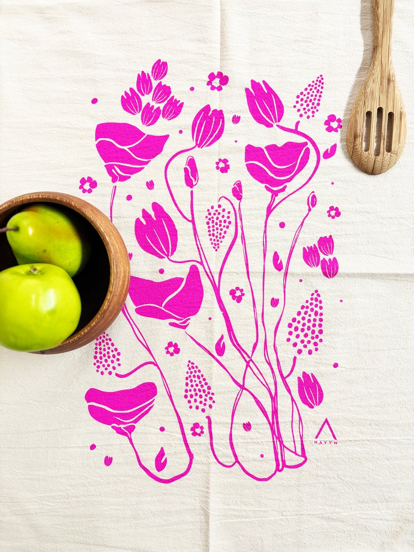 Organic Tea Towel | Pink Mack Flowers | Hand Printed
