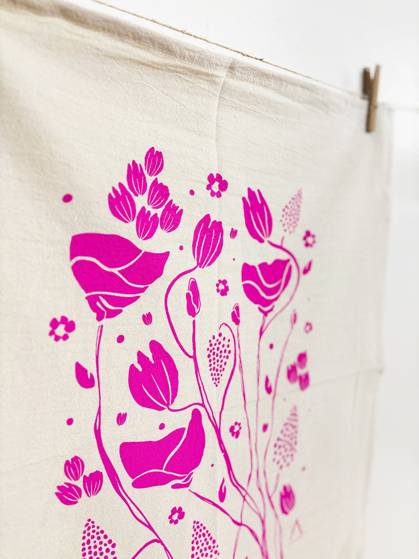 Organic Tea Towel | Pink Mack Flowers | Hand Printed