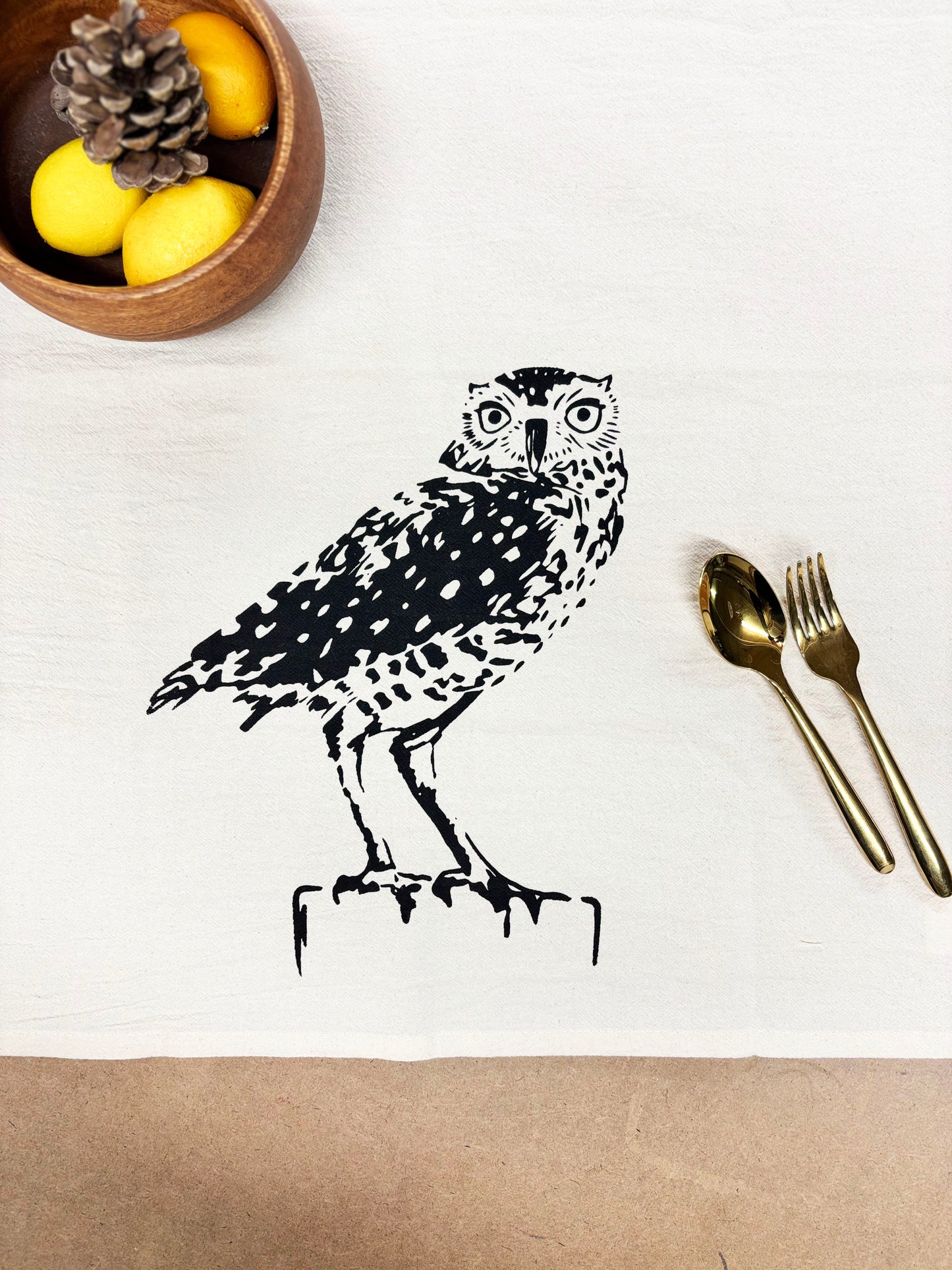Hand Printed Tea Towel | Organic Cotton Floursack | Burrowing Owl | Kitchen Towel | Eco Screen Printed