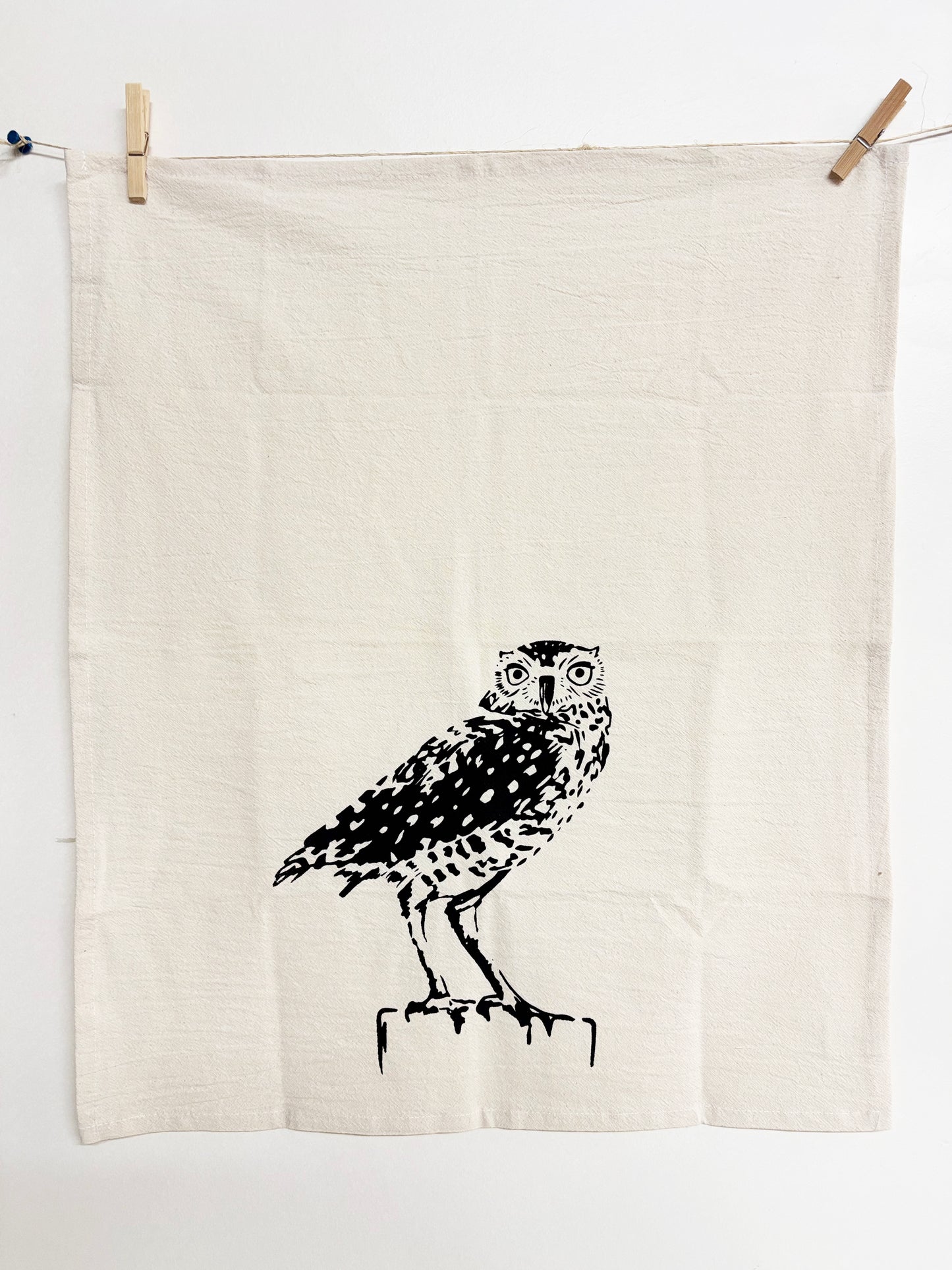 Hand Printed Tea Towel | Organic Cotton Floursack | Burrowing Owl | Kitchen Towel | Eco Screen Printed