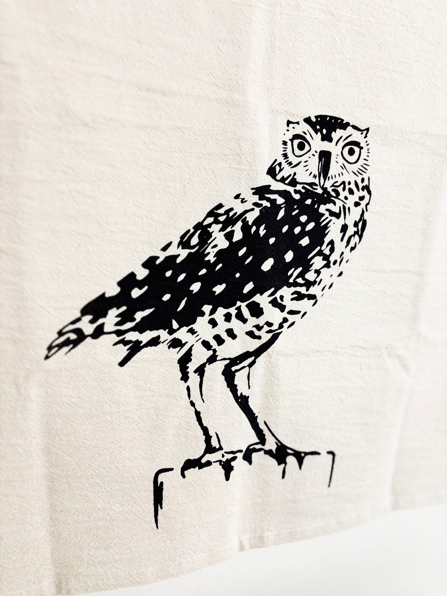 Hand Printed Tea Towel | Organic Cotton Floursack | Burrowing Owl | Kitchen Towel | Eco Screen Printed