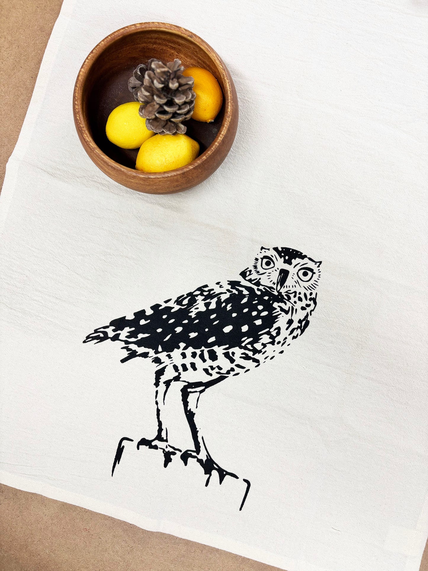 Hand Printed Tea Towel | Organic Cotton Floursack | Burrowing Owl | Kitchen Towel | Eco Screen Printed