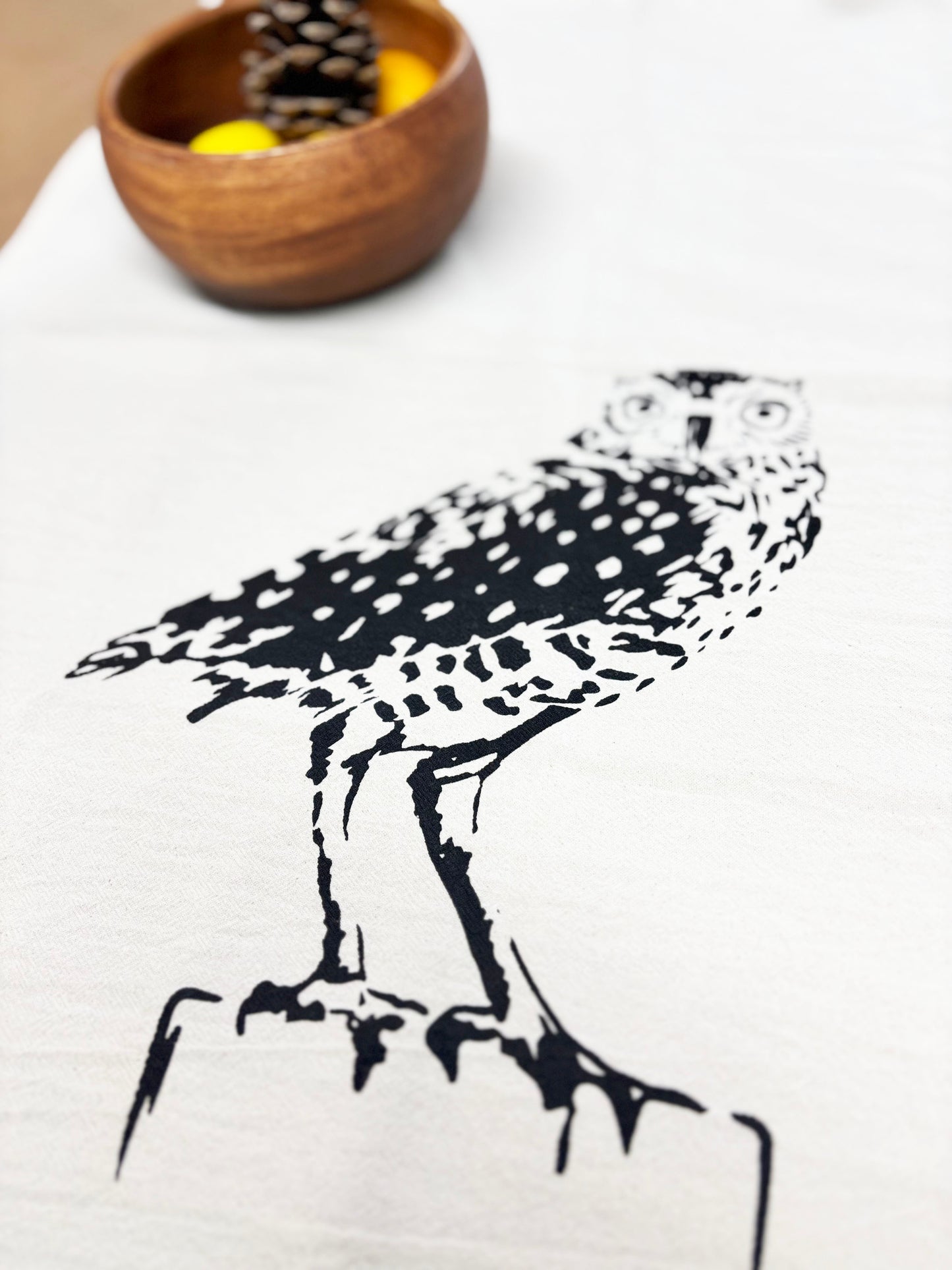 Hand Printed Tea Towel | Organic Cotton Floursack | Burrowing Owl | Kitchen Towel | Eco Screen Printed
