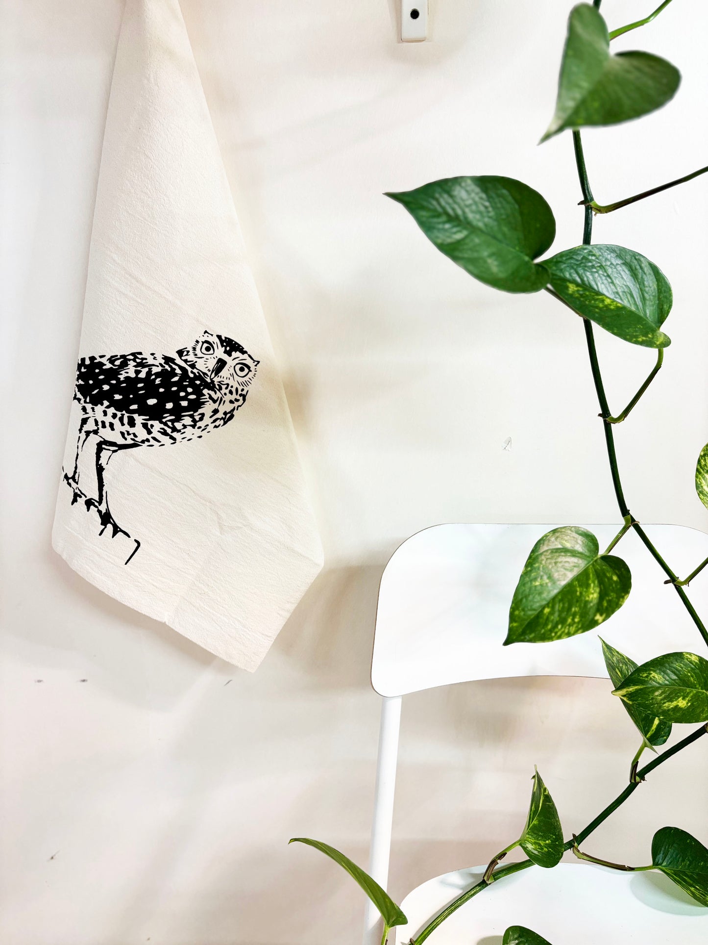 Hand Printed Tea Towel | Organic Cotton Floursack | Burrowing Owl | Kitchen Towel | Eco Screen Printed