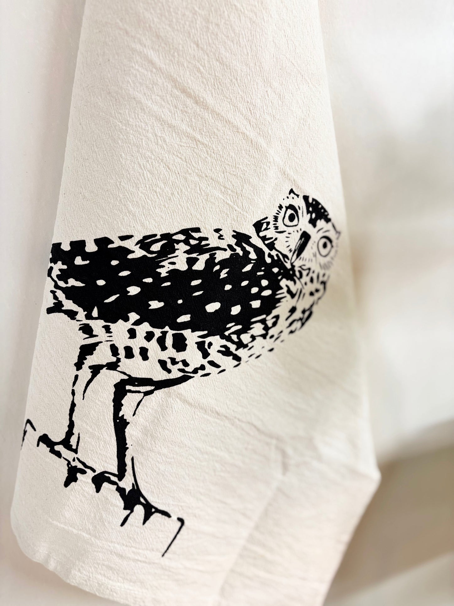 Hand Printed Tea Towel | Organic Cotton Floursack | Burrowing Owl | Kitchen Towel | Eco Screen Printed
