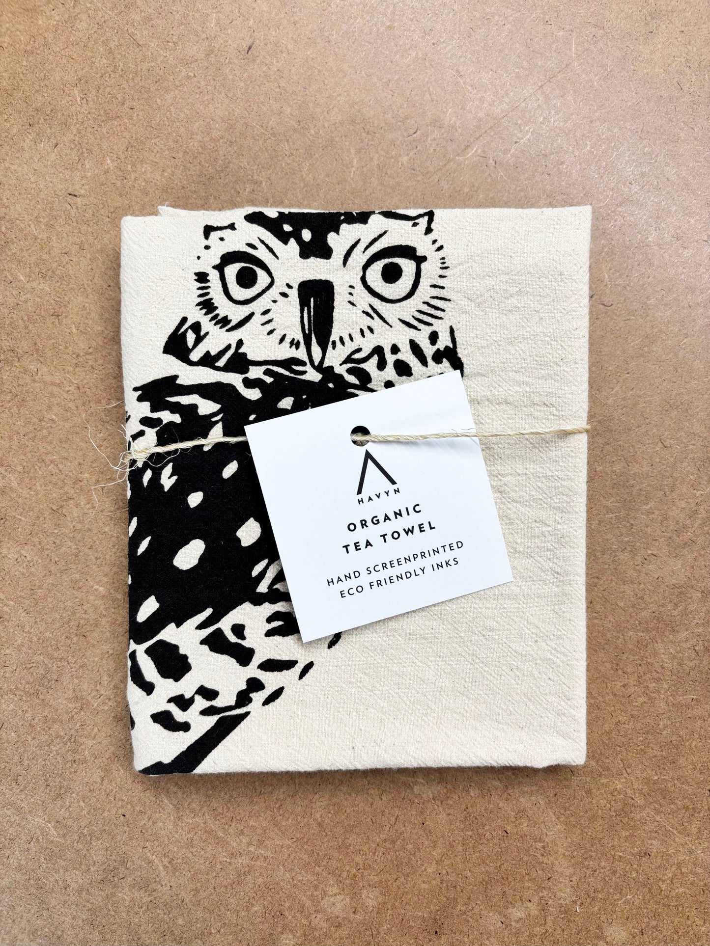 Hand Printed Tea Towel | Organic Cotton Floursack | Burrowing Owl | Kitchen Towel | Eco Screen Printed