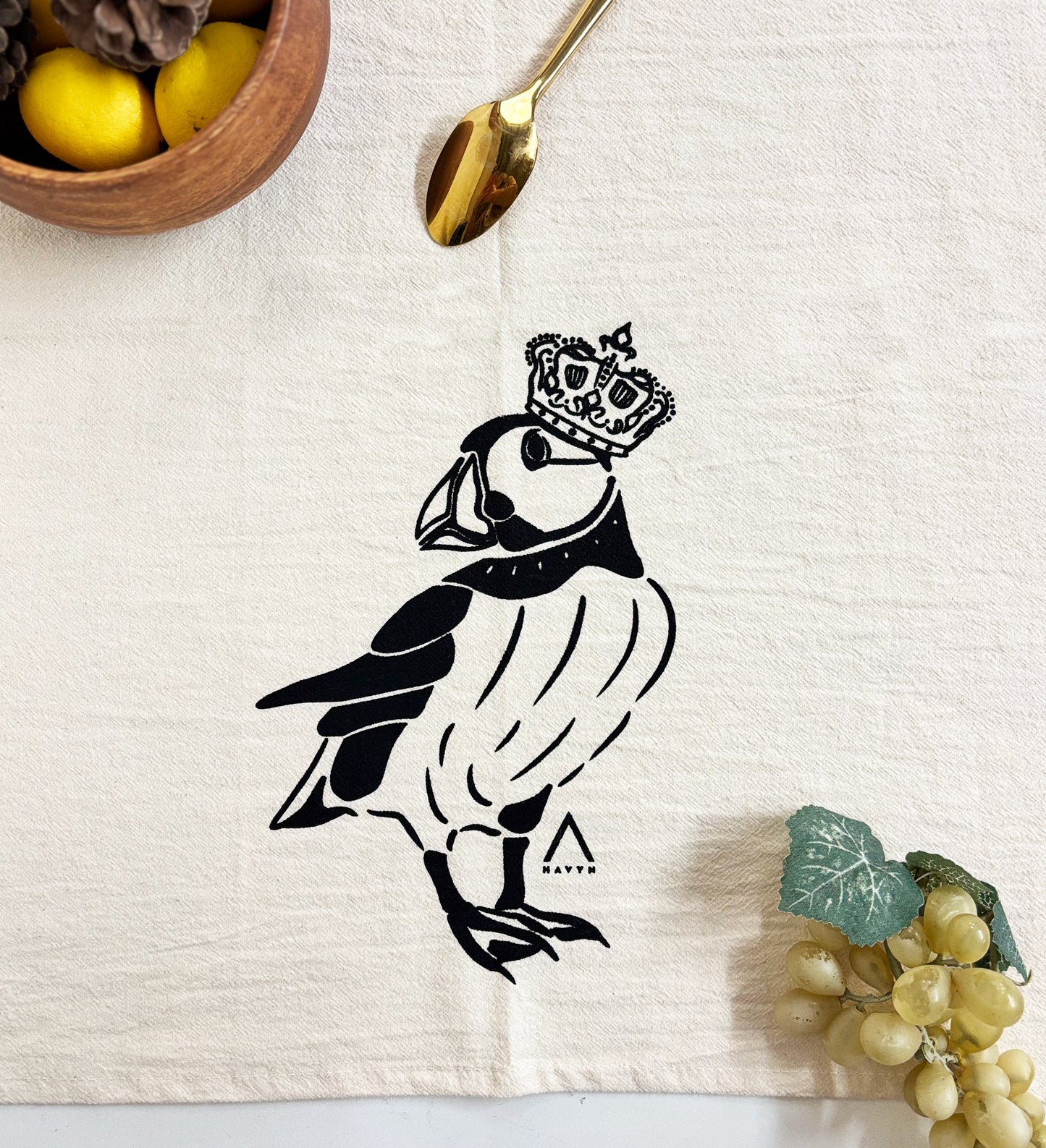Organic Tea Towel | Royal Canadian Puffin | Black Eco Ink