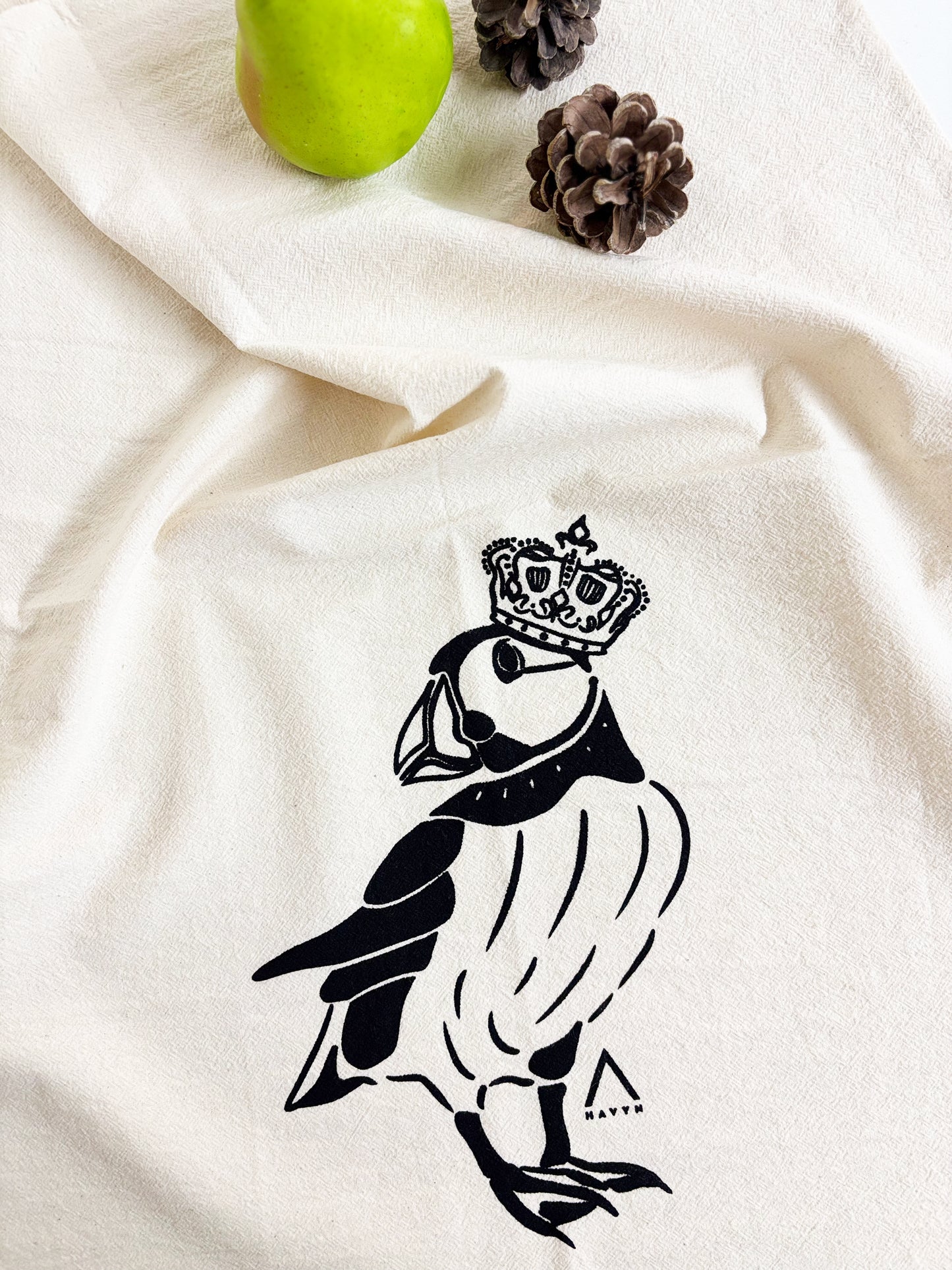 Organic Tea Towel | Royal Canadian Puffin | Black Eco Ink
