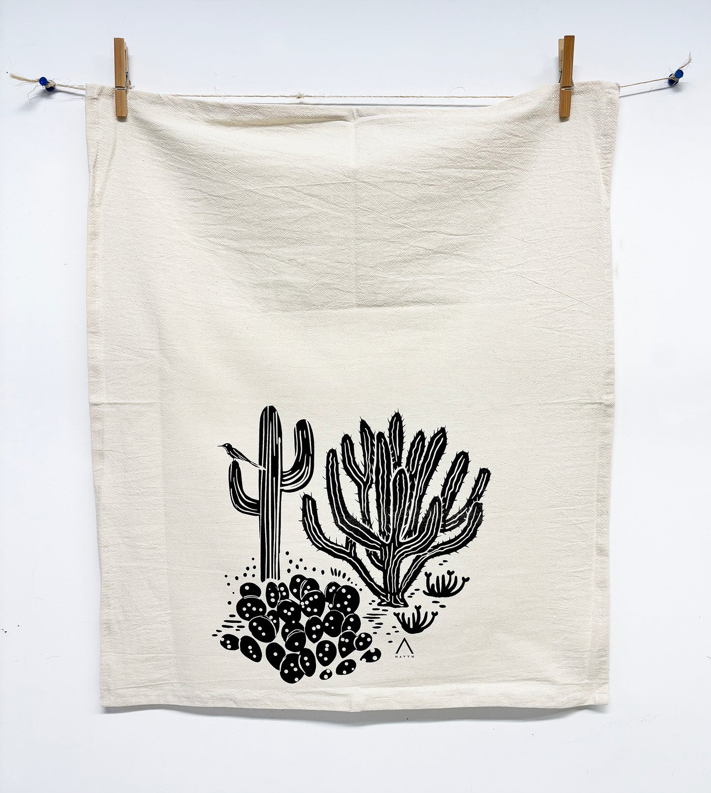 Trois Cacti Desert Hand Printed Organic Tea Towel - Black