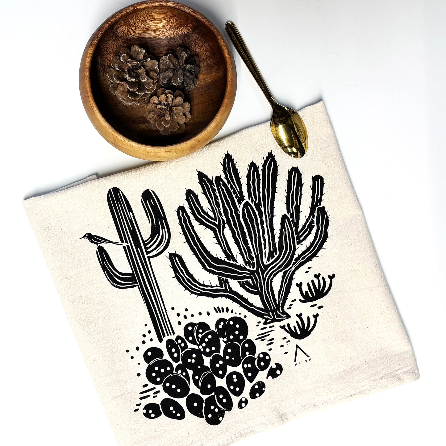 Trois Cacti Desert Hand Printed Organic Tea Towel - Black