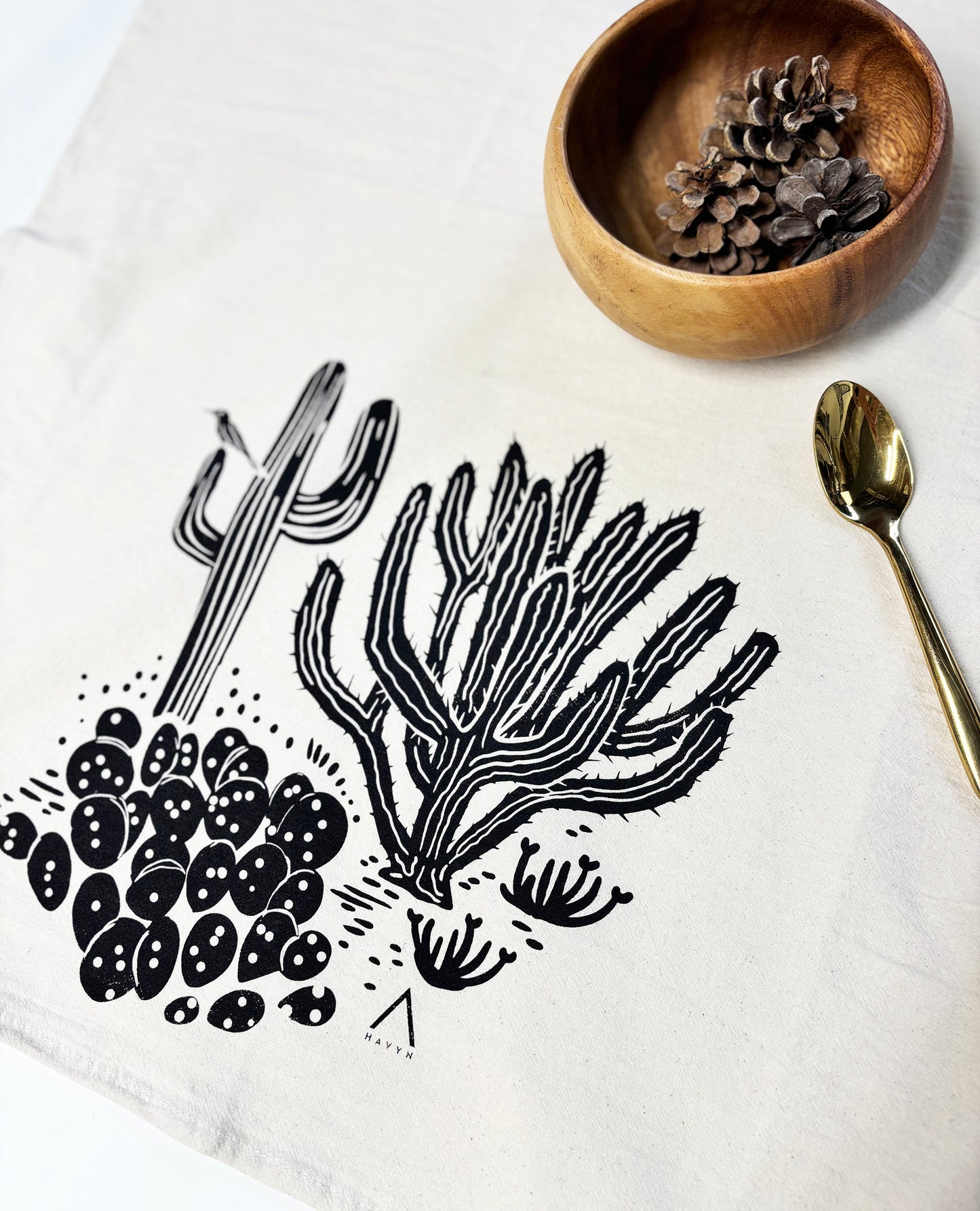 Trois Cacti Desert Hand Printed Organic Tea Towel - Black