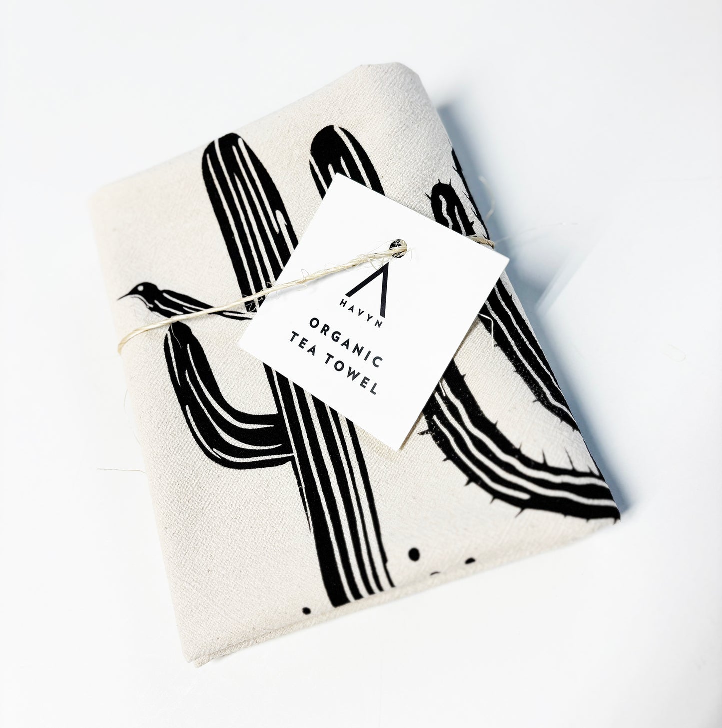 Trois Cacti Desert Hand Printed Organic Tea Towel - Black