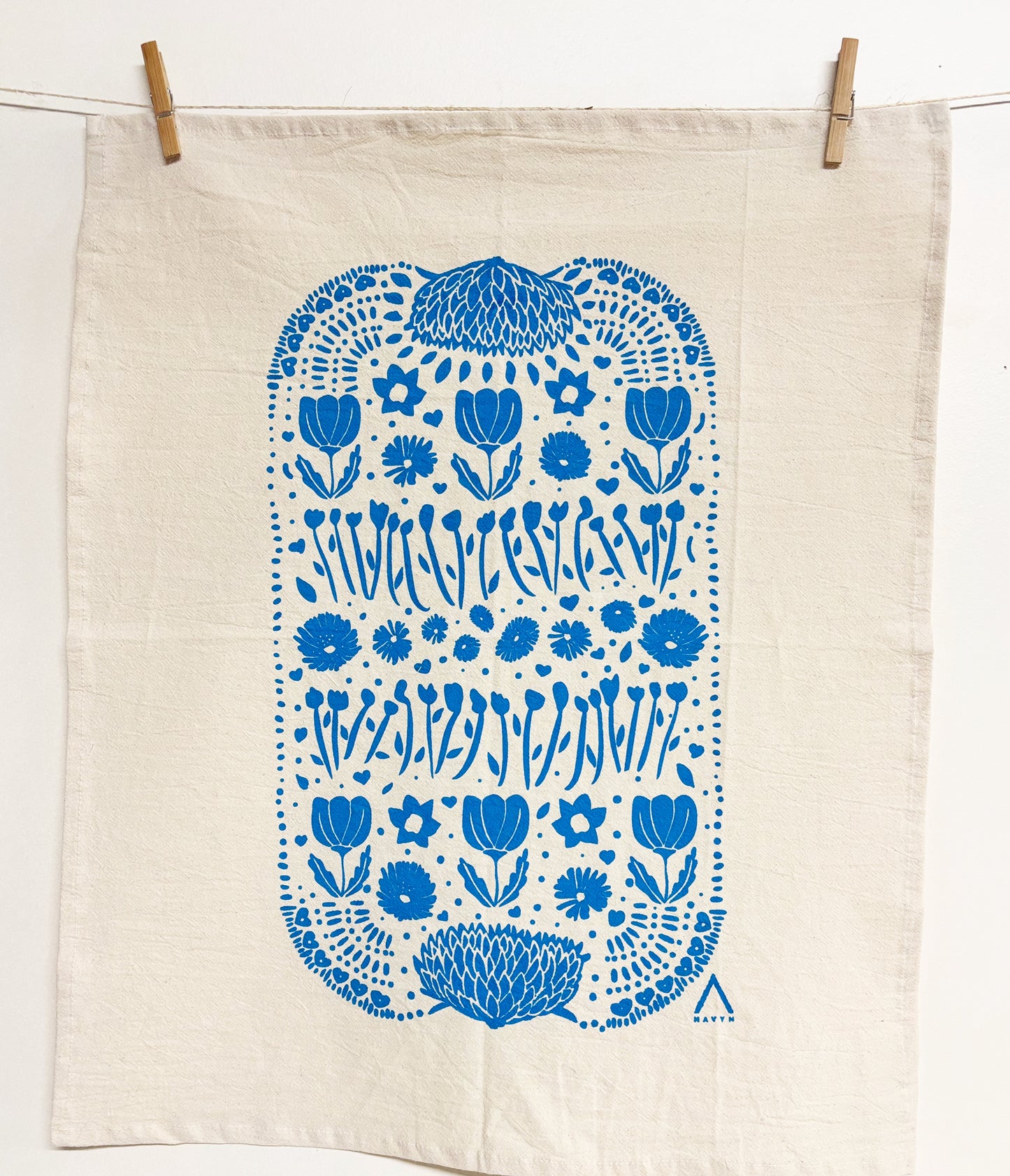 Organic Tea Towel | Blue Ukraine Flowers | Hand Printed