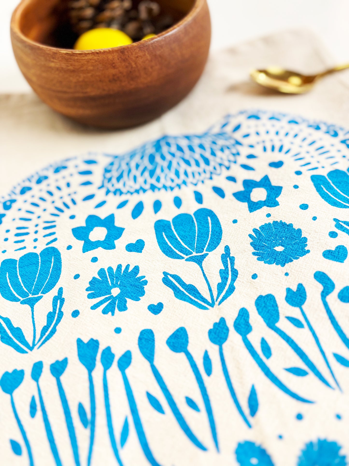 Organic Tea Towel | Blue Ukraine Flowers | Hand Printed