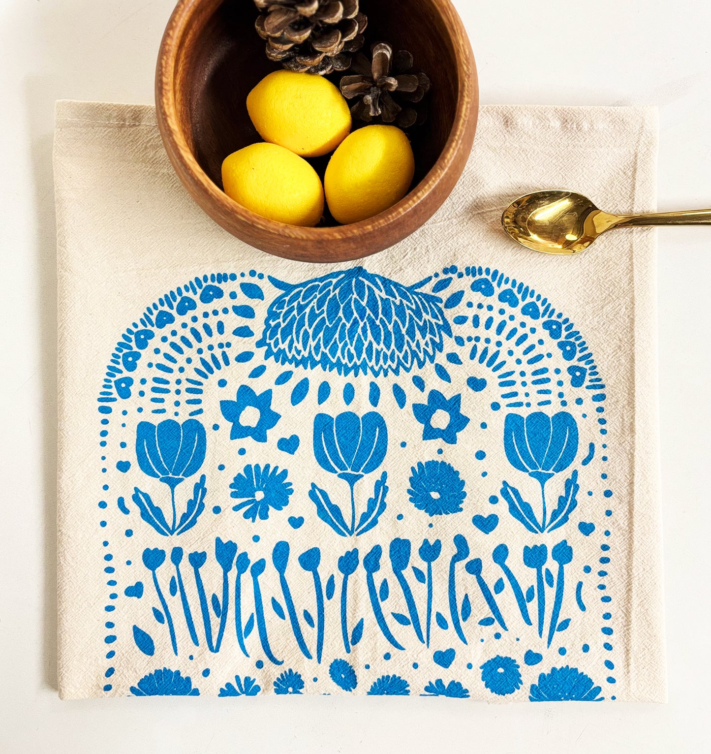 Organic Tea Towel | Blue Ukraine Flowers | Hand Printed