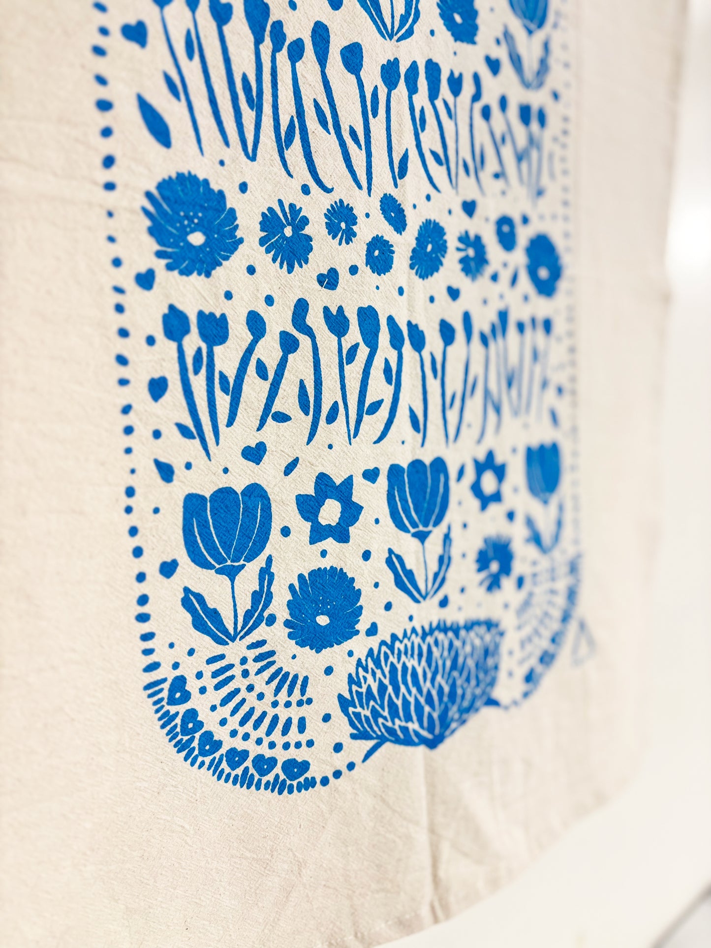 Organic Tea Towel | Blue Ukraine Flowers | Hand Printed