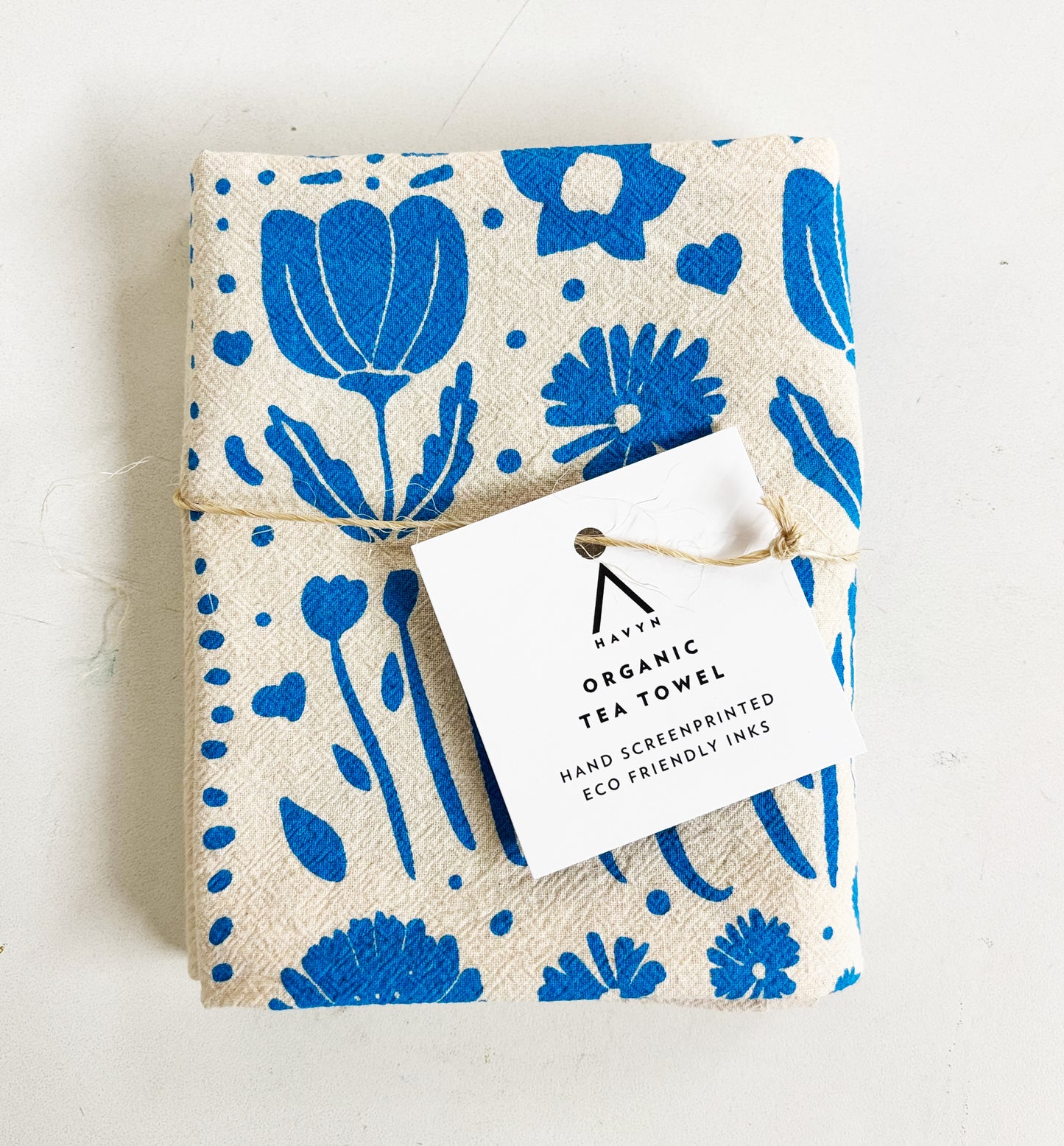 Organic Tea Towel | Blue Ukraine Flowers | Hand Printed