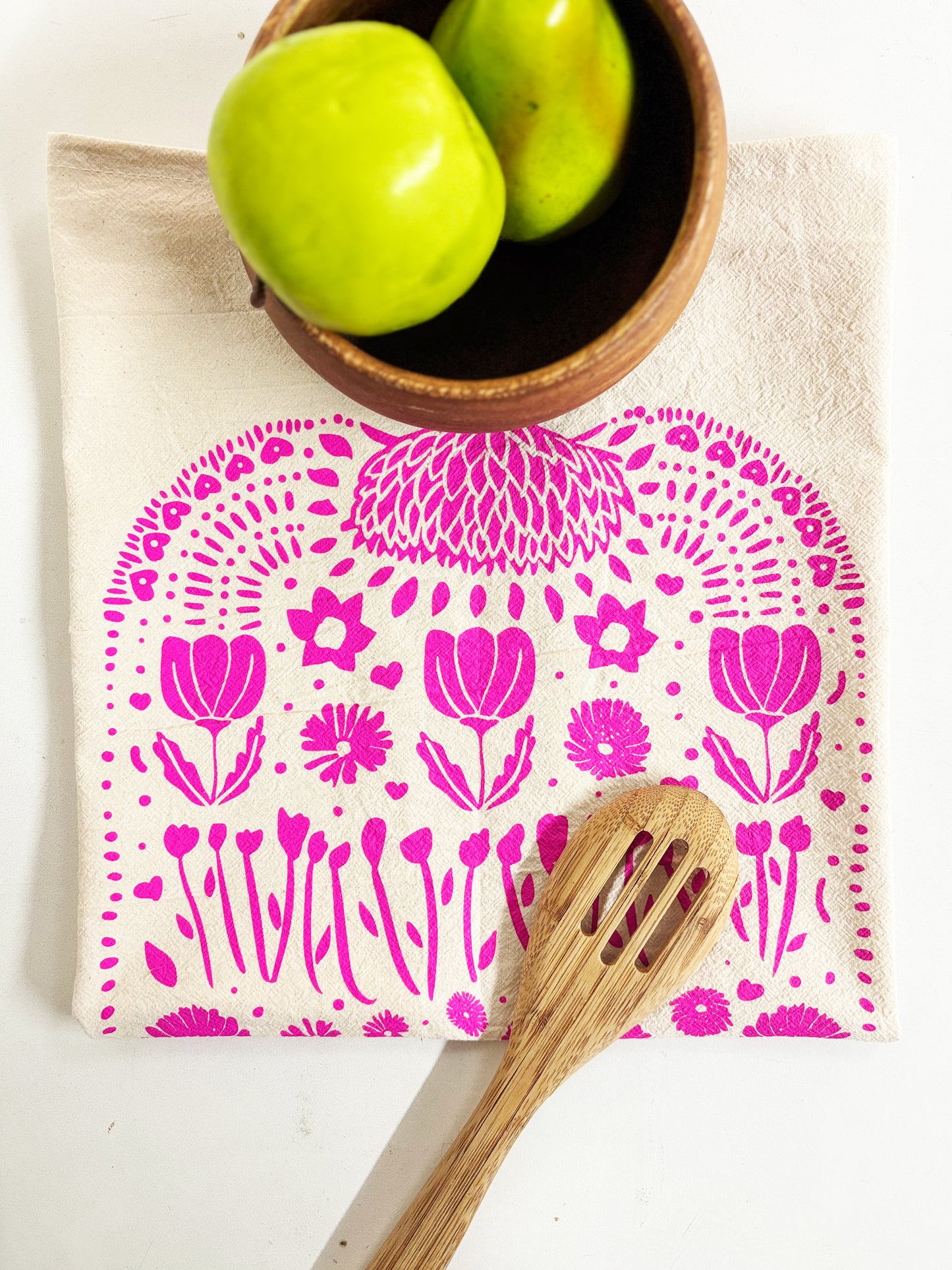 Organic Tea Towel | Pink Ukraine Flowers | Hand Printed