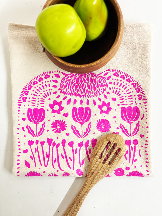 Organic Tea Towel | Pink Ukraine Flowers | Hand Printed