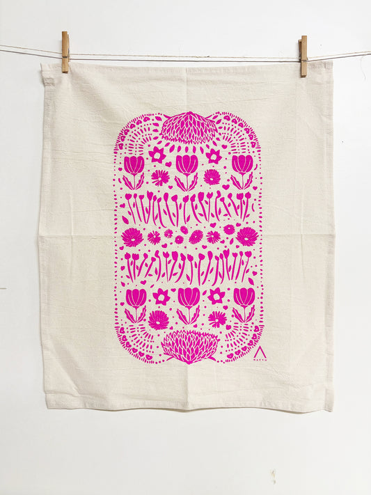 Organic Tea Towel | Pink Ukraine Flowers | Hand Printed