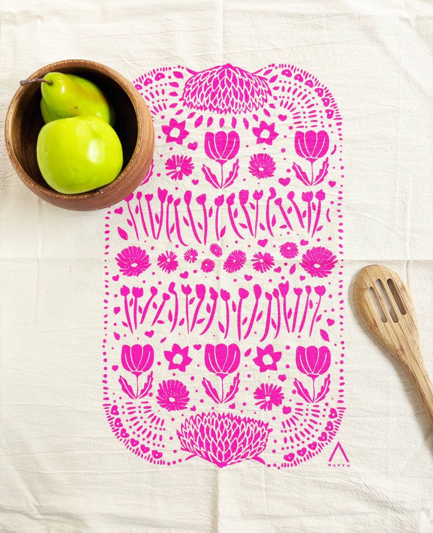 Organic Tea Towel | Pink Ukraine Flowers | Hand Printed