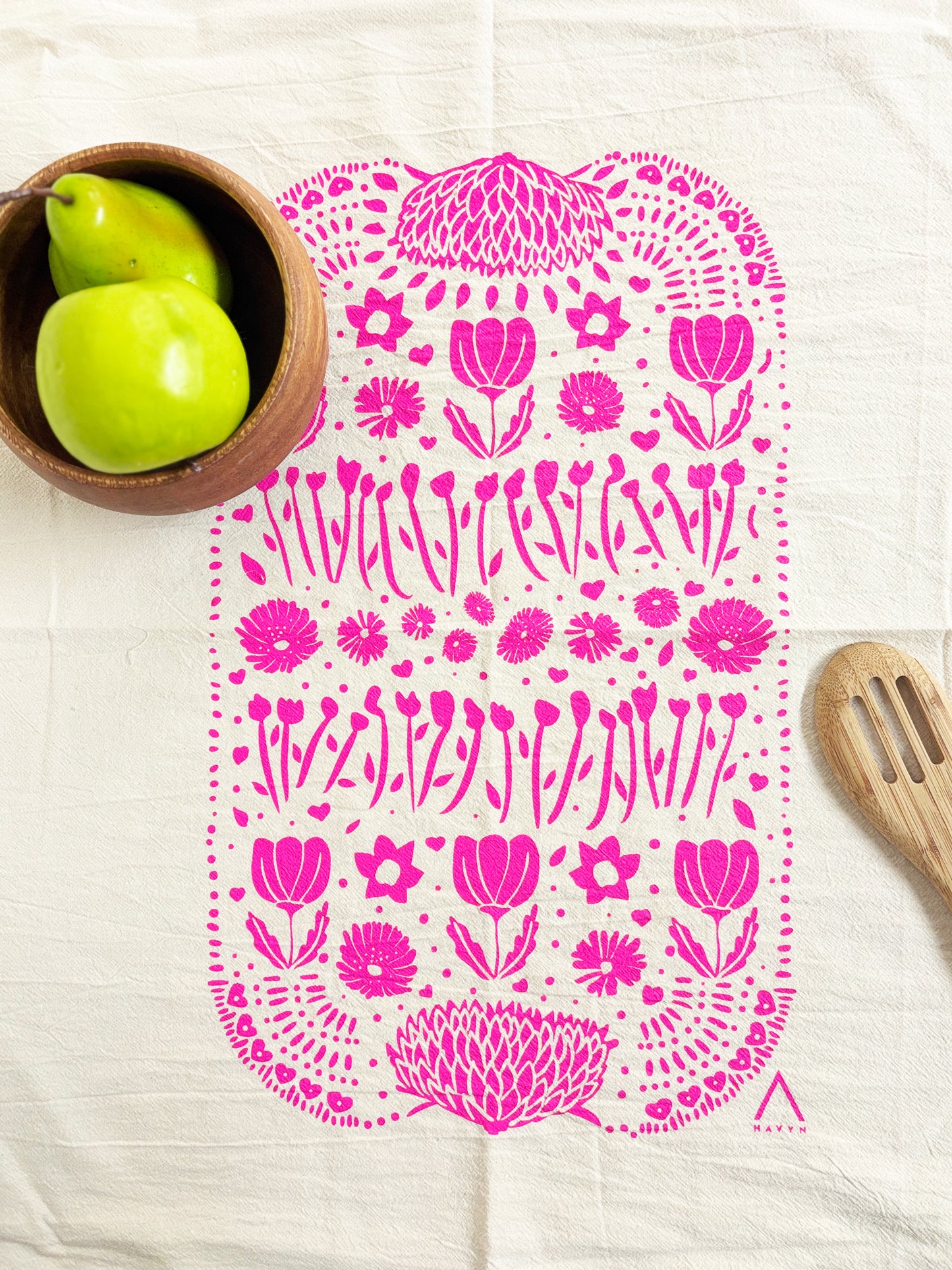 Organic Tea Towel | Pink Ukraine Flowers | Hand Printed
