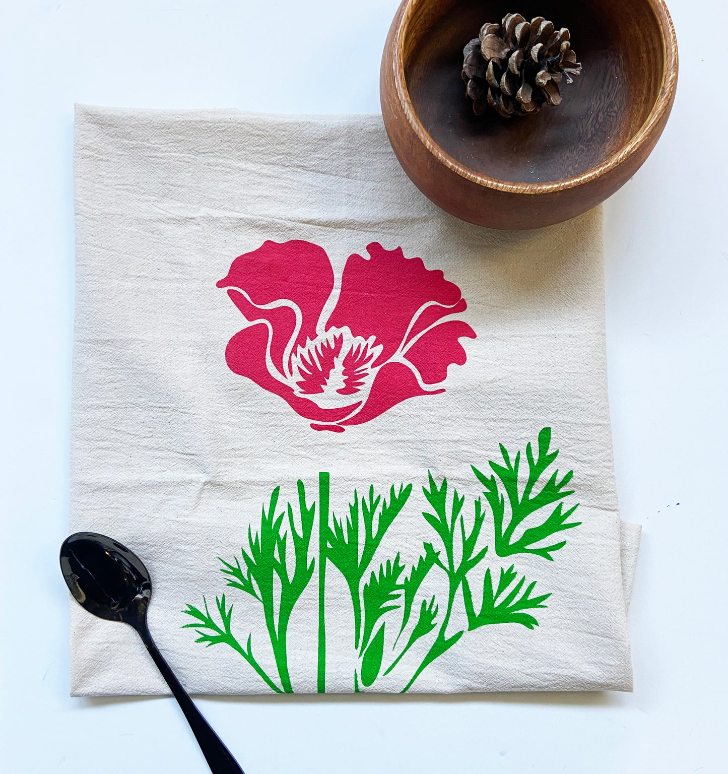 Poppy Flower Hand Printed Organic Tea Towel - Red and Green