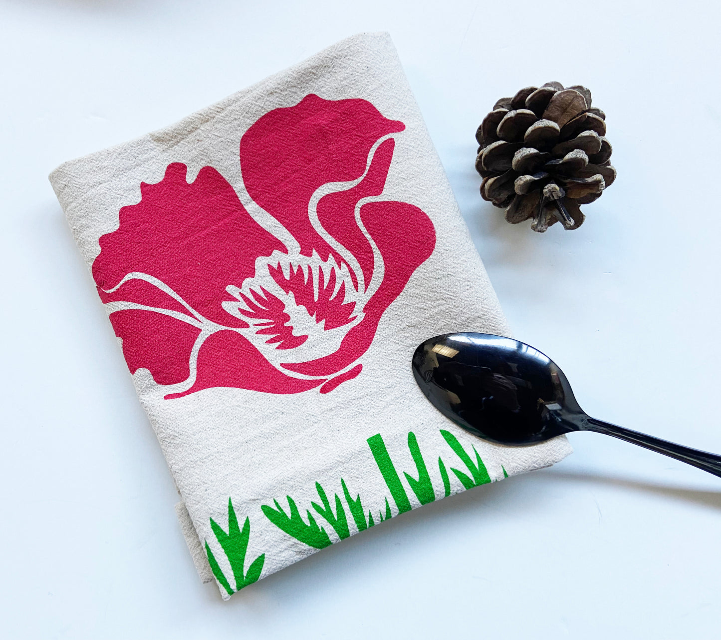 Poppy Flower Hand Printed Organic Tea Towel - Red and Green