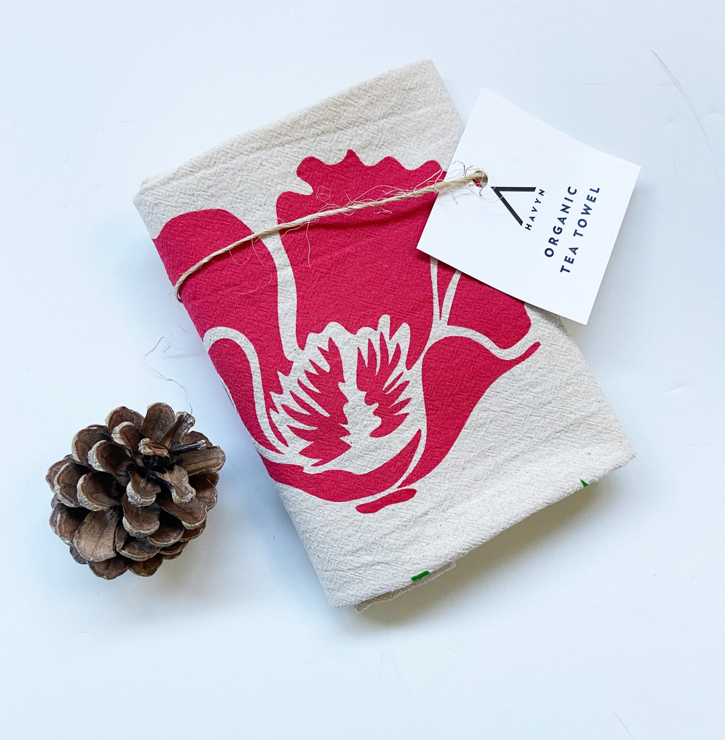 Poppy Flower Hand Printed Organic Tea Towel - Red and Green