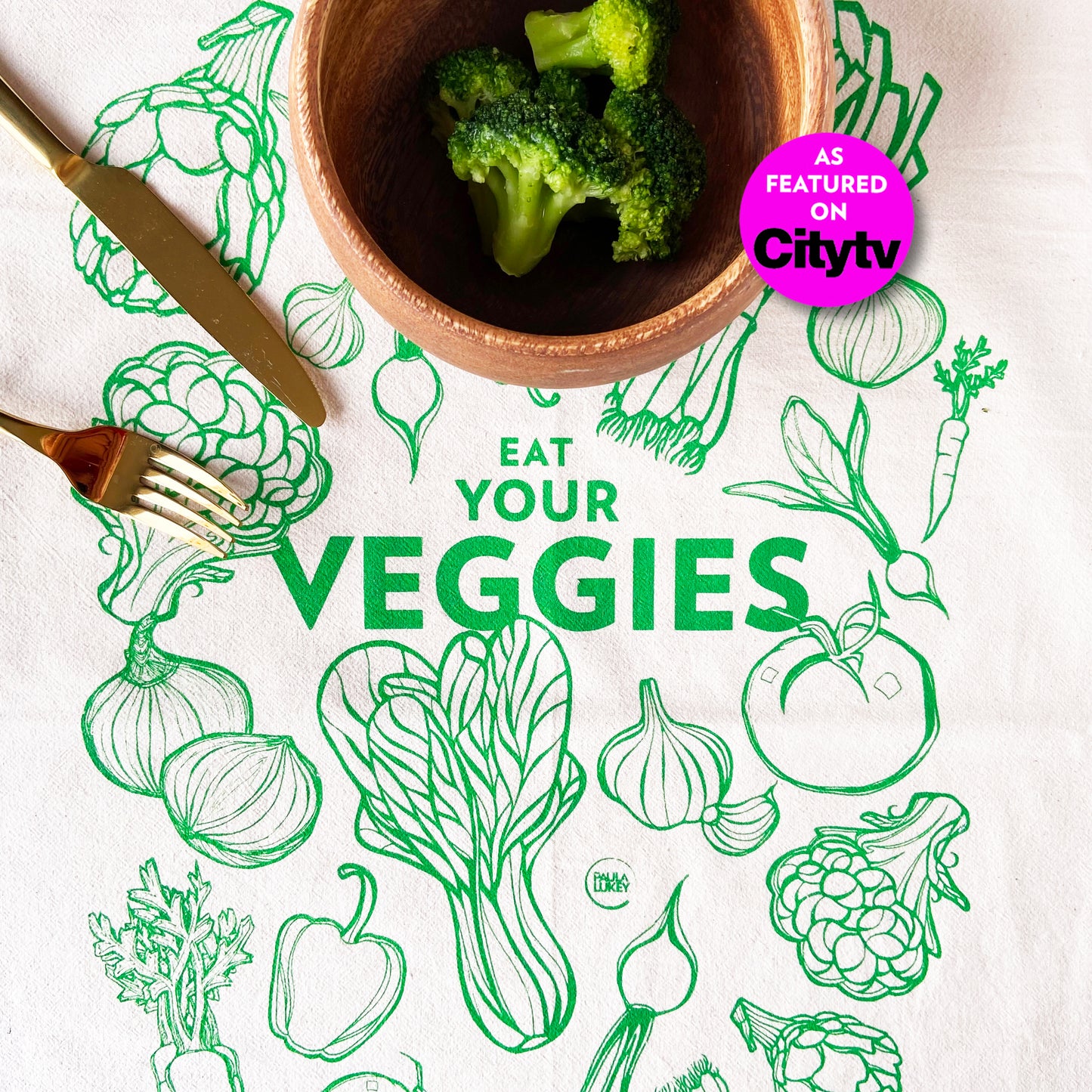 Eat Your Veggies Hand Printed Organic Tea Towel