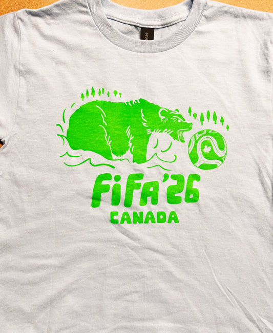 Tshirt Youth Limited Edition BEAR Green on Blue Canada FIFA 2026 Original Screen Print