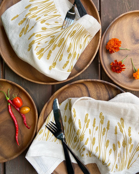 Organic Golden Wheat Hand Printed Napkins Set of 4 or 8