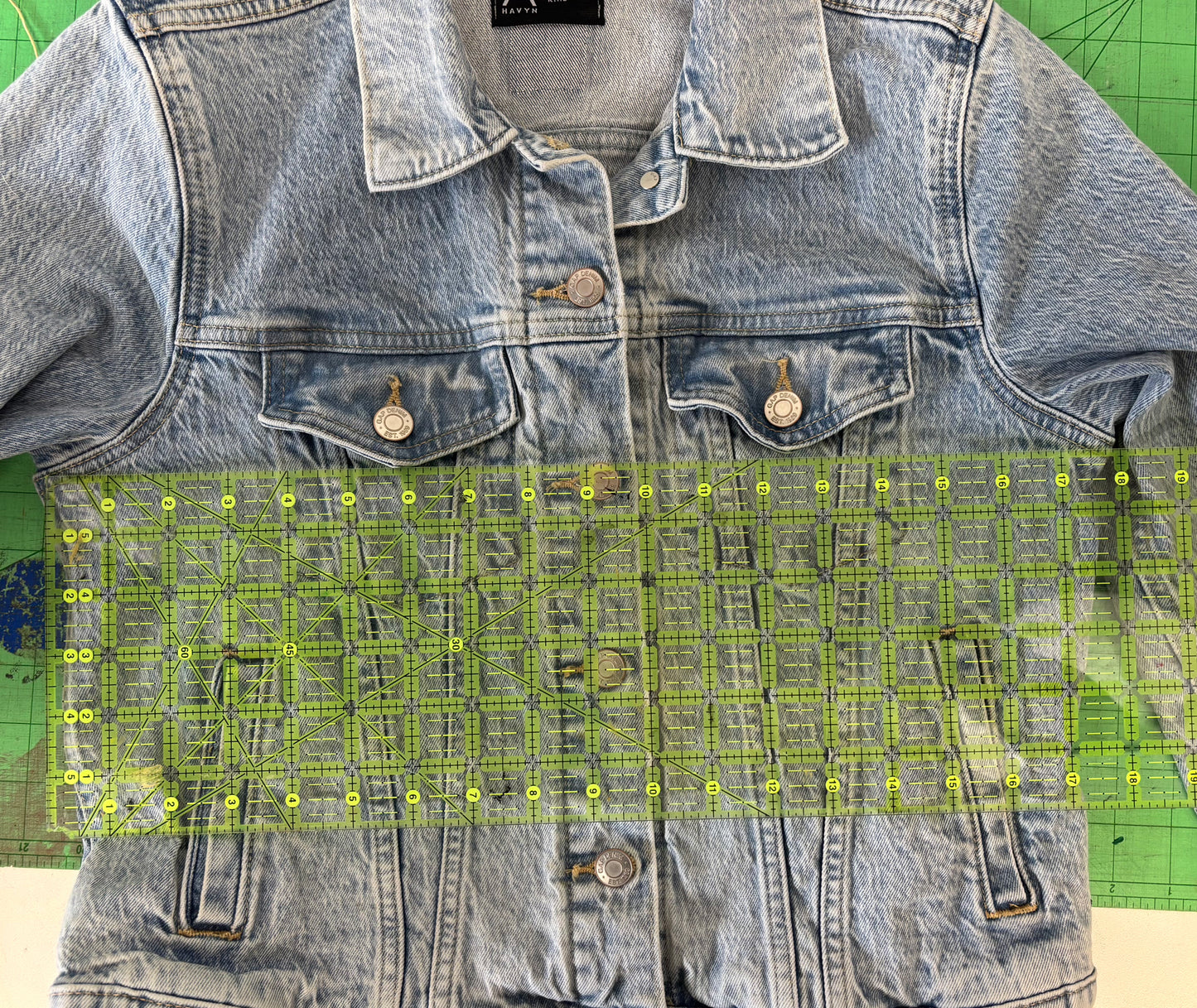 One of a Kind Upcycled Denim Jacket with Hand Printed Symmetrical Birds