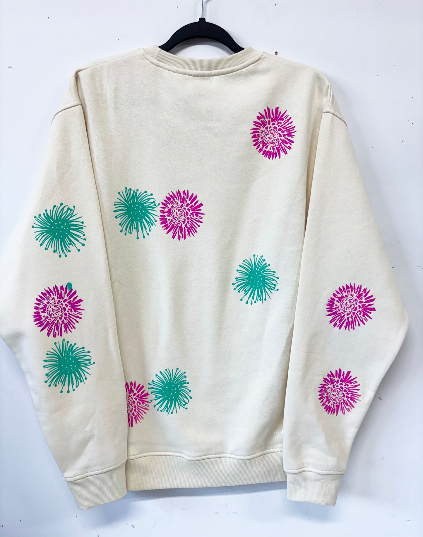 Cream Crewneck - Pink and Teal Flowers - Hand Printed - One of a Kind - Apparel