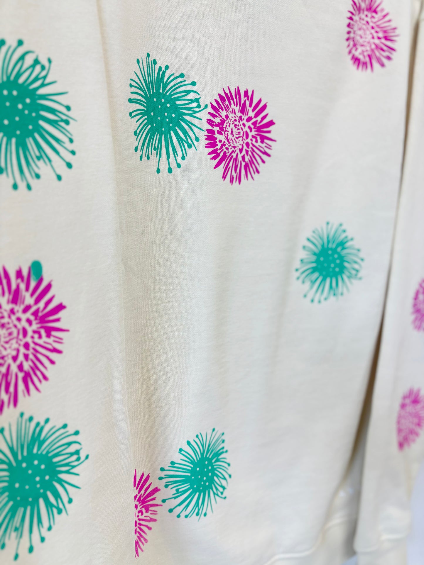 Cream Crewneck - Pink and Teal Flowers - Hand Printed - One of a Kind - Apparel