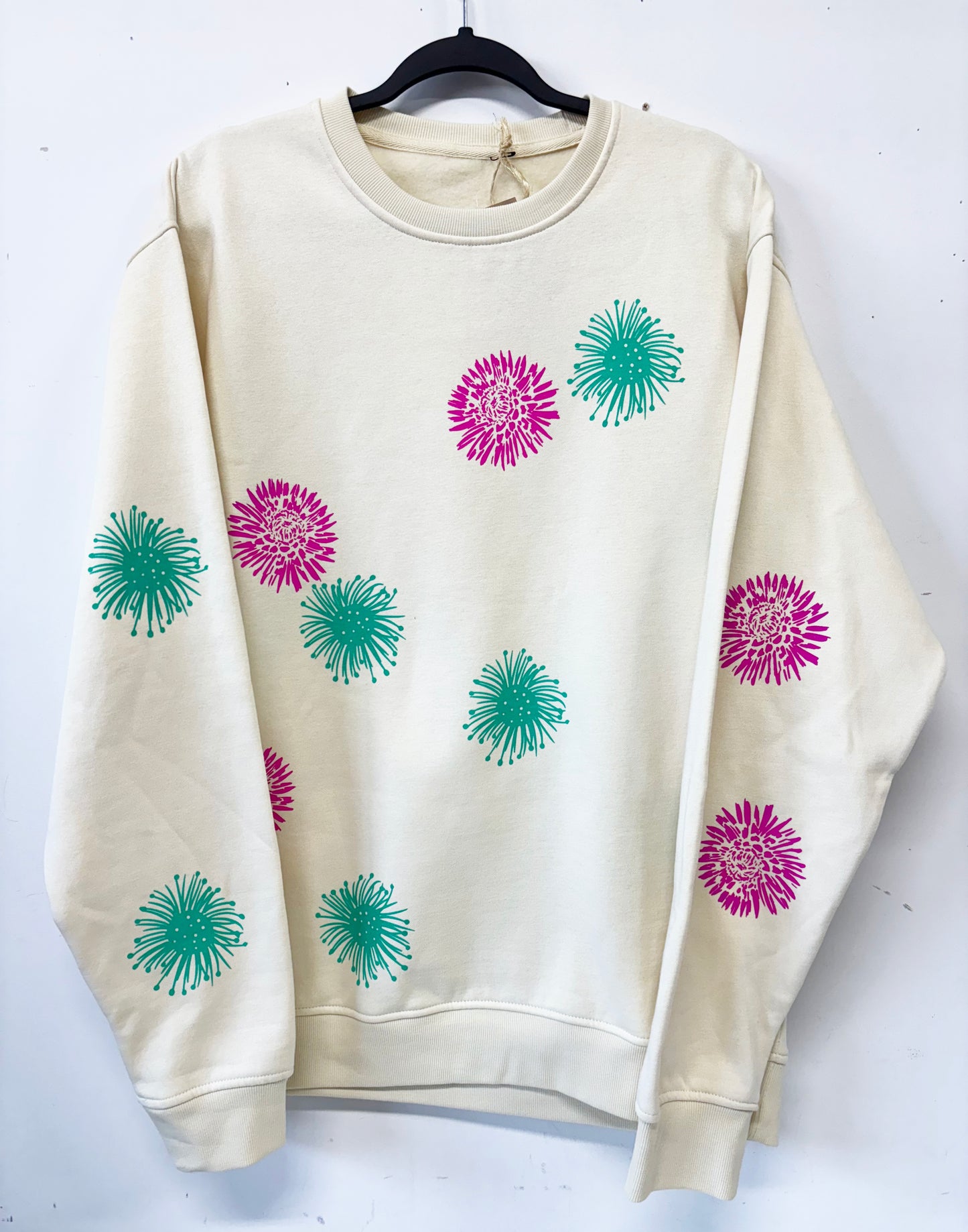 Cream Crewneck - Pink and Teal Flowers - Hand Printed - One of a Kind - Apparel