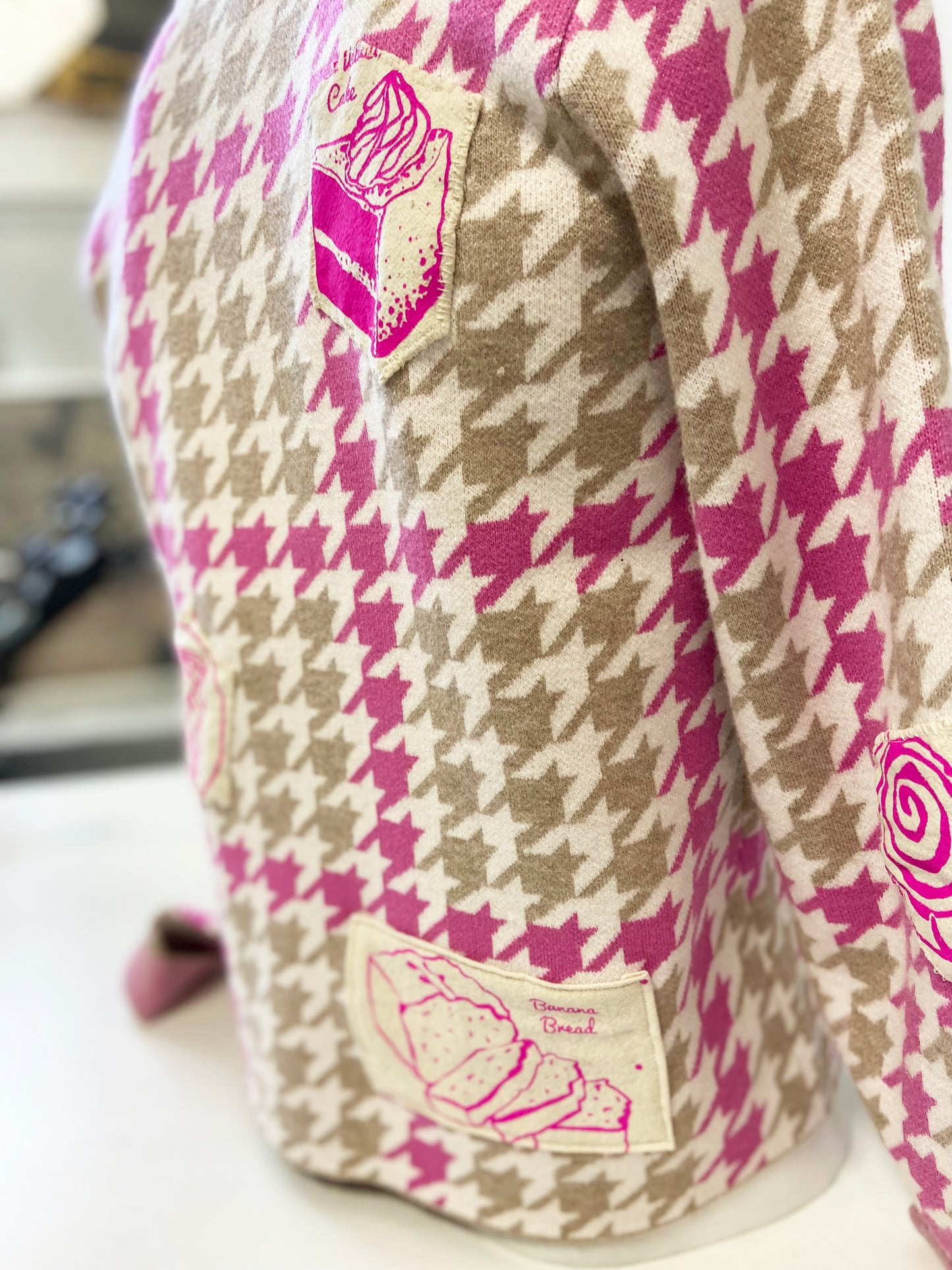 One of a Kind Hand Printed and Sewn Bakery Good Patches on Houndstooth Jacket