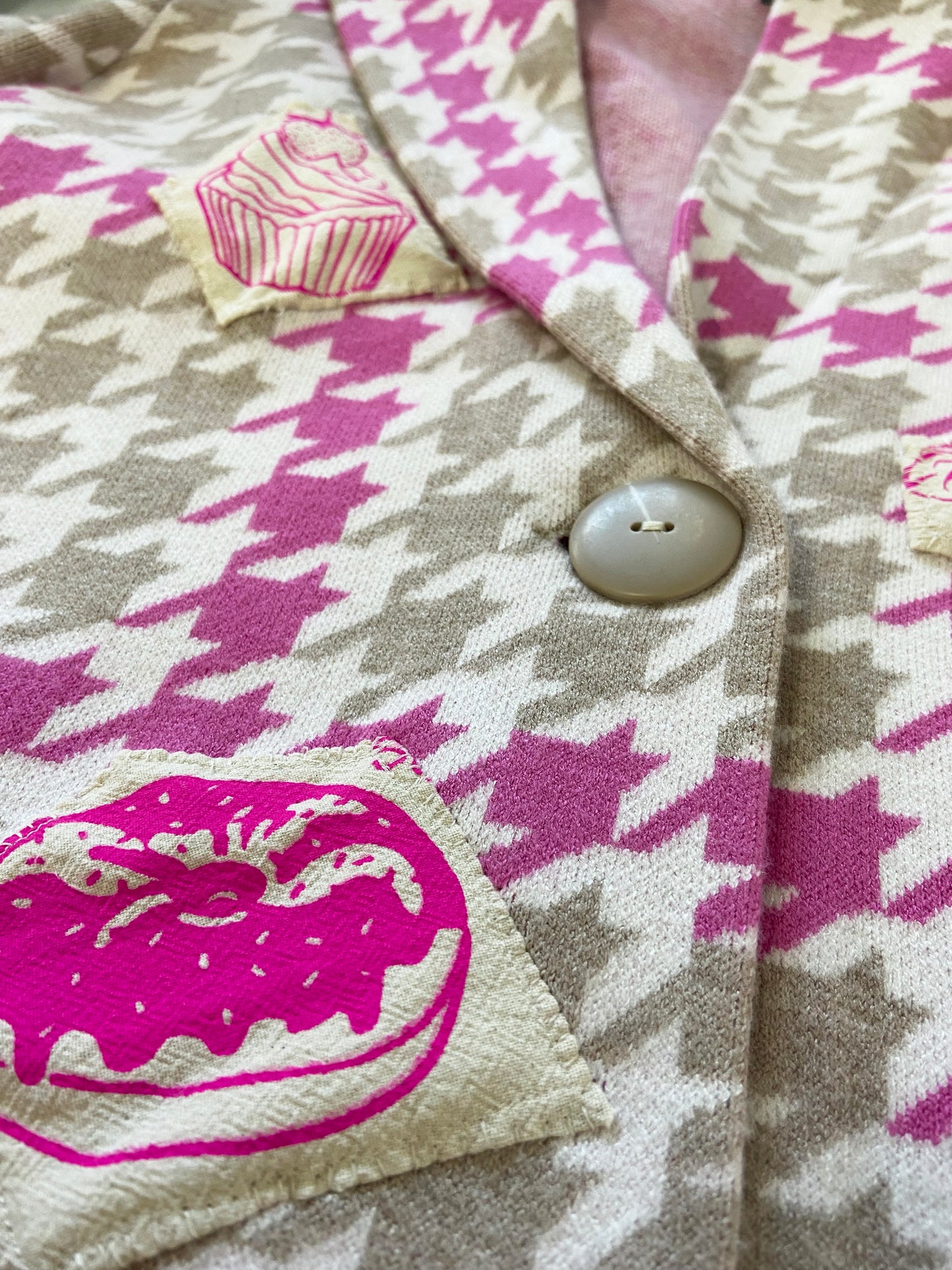 One of a Kind Hand Printed and Sewn Bakery Good Patches on Houndstooth Jacket