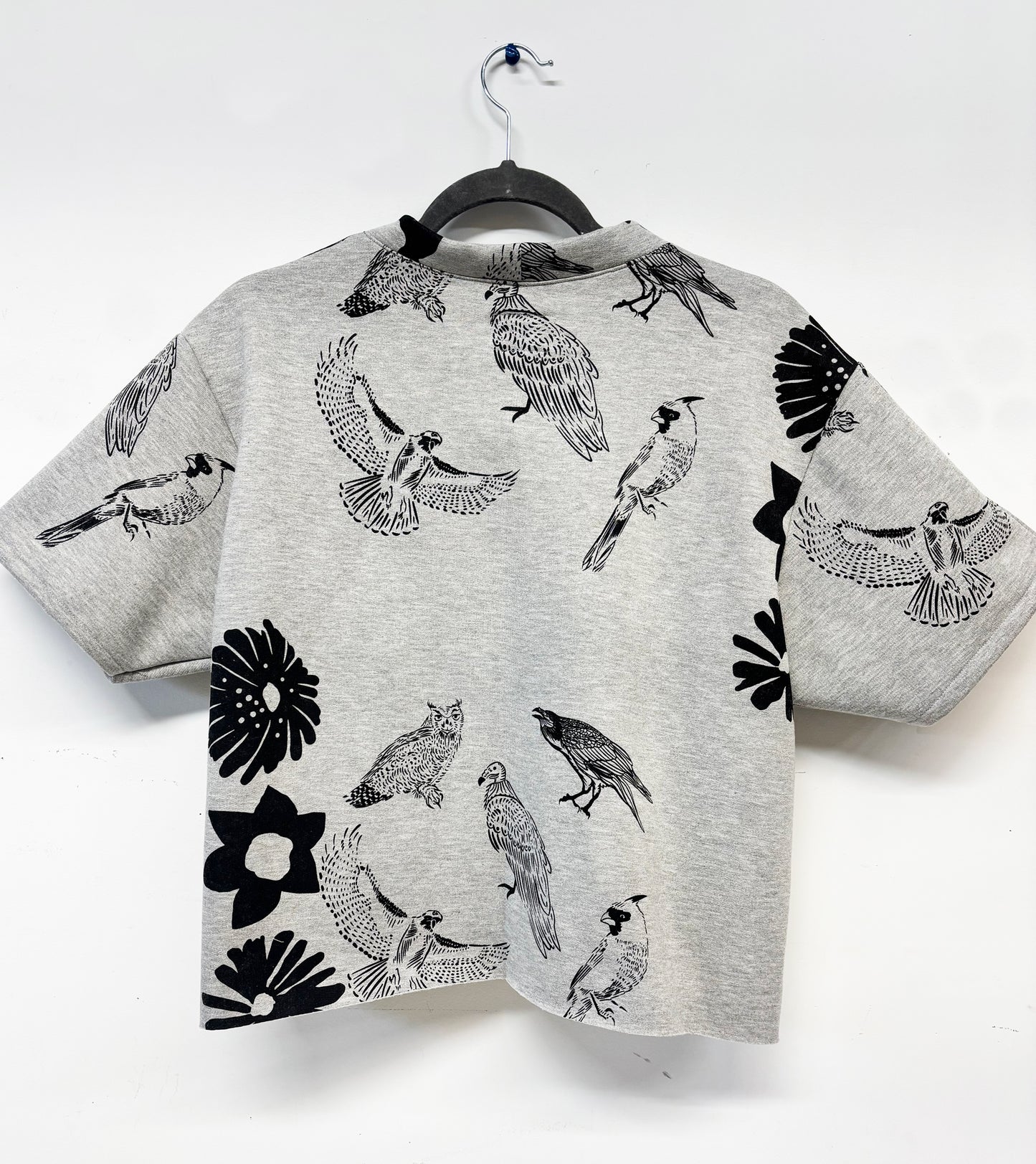 Grey Fleece Short Sleeve Sweatshirt - Birds and Flowers 001 - Hand Printed - One of a Kind - Apparel