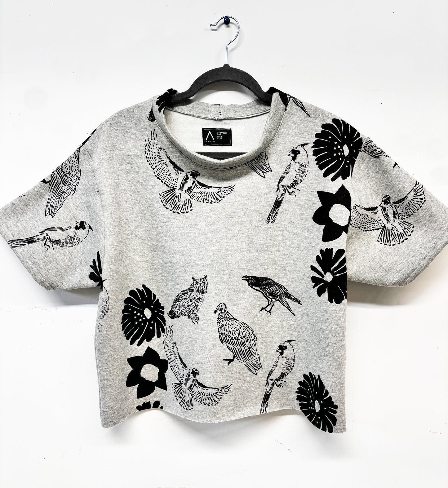 Grey Fleece Short Sleeve Sweatshirt - Birds and Flowers 001 - Hand Printed - One of a Kind - Apparel