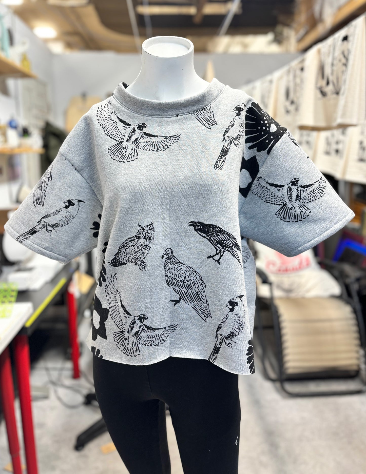 Grey Fleece Short Sleeve Sweatshirt - Birds and Flowers 001 - Hand Printed - One of a Kind - Apparel