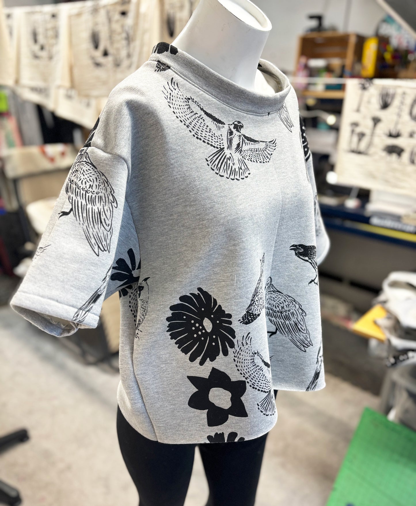 Grey Fleece Short Sleeve Sweatshirt - Birds and Flowers 001 - Hand Printed - One of a Kind - Apparel