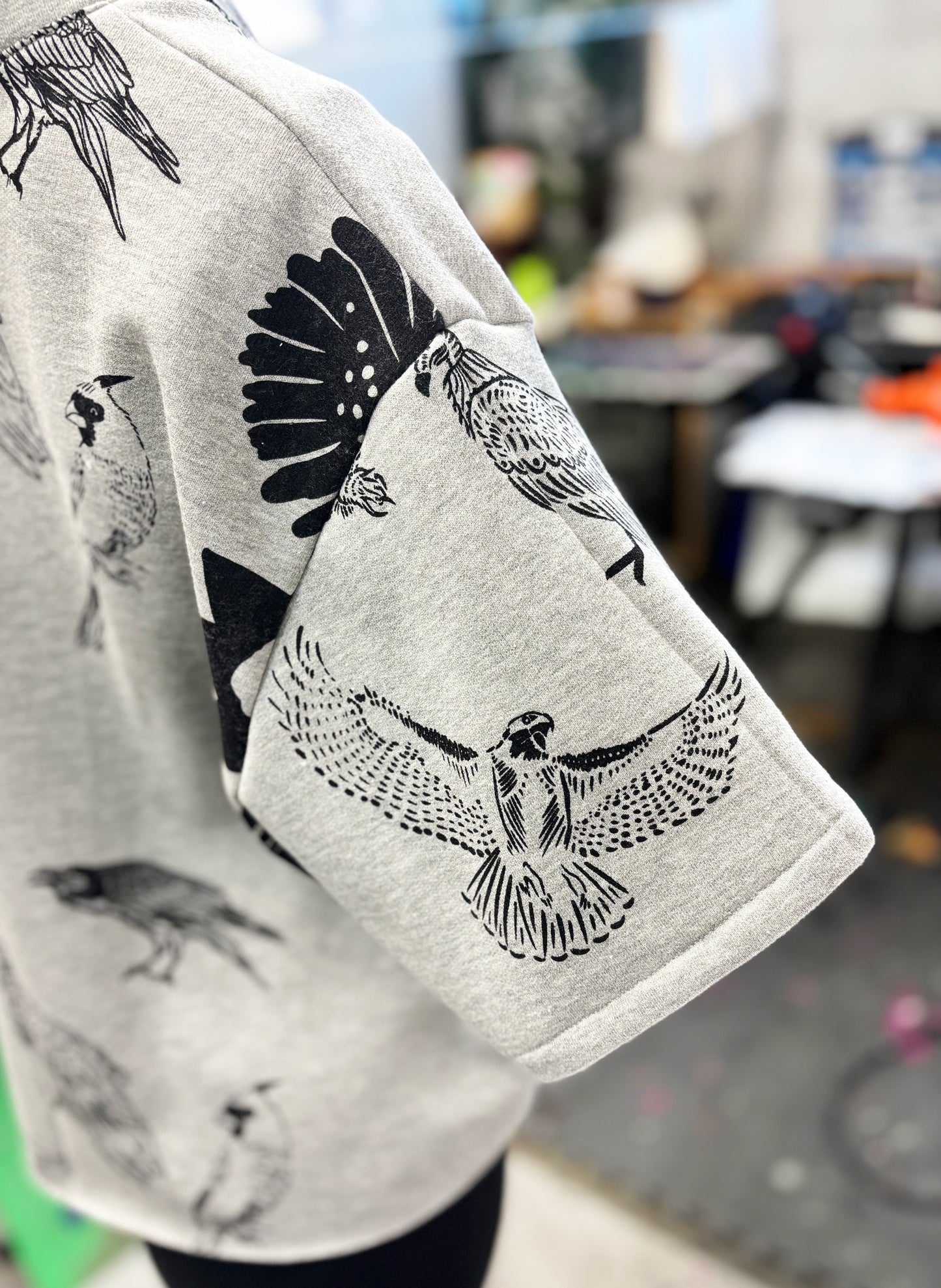 Grey Fleece Short Sleeve Sweatshirt - Birds and Flowers 001 - Hand Printed - One of a Kind - Apparel