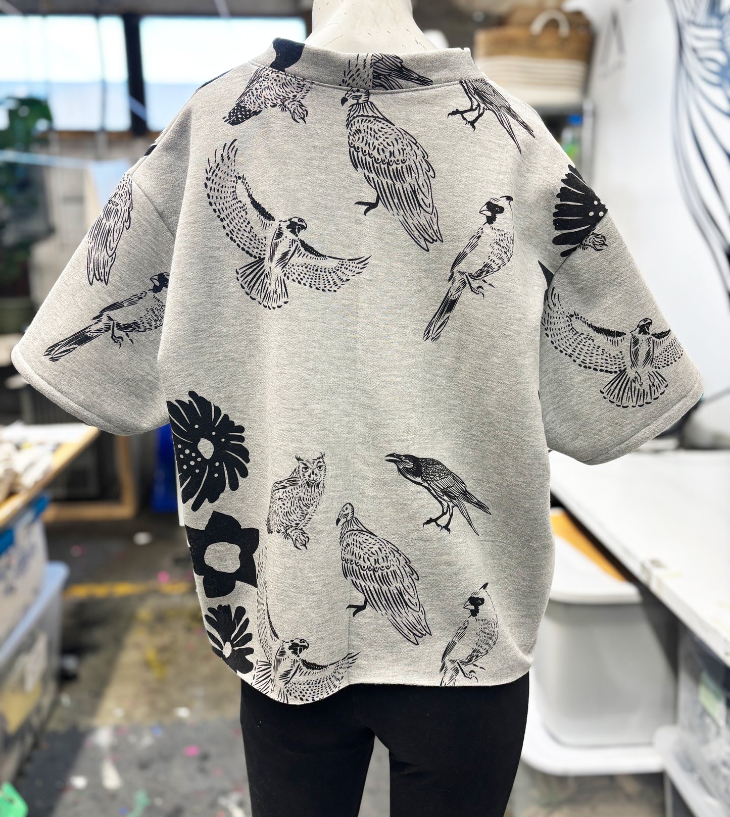 Grey Fleece Short Sleeve Sweatshirt - Birds and Flowers 001 - Hand Printed - One of a Kind - Apparel