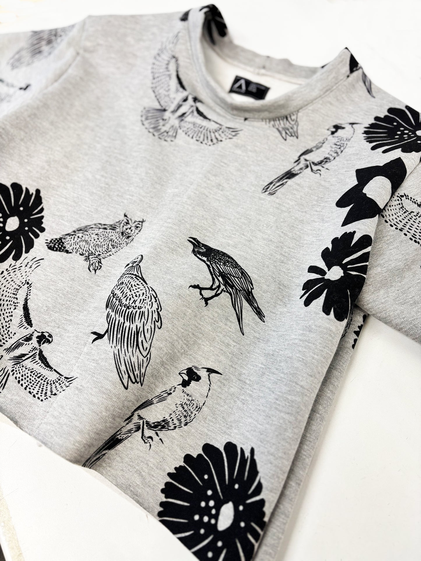 Grey Fleece Short Sleeve Sweatshirt - Birds and Flowers 001 - Hand Printed - One of a Kind - Apparel