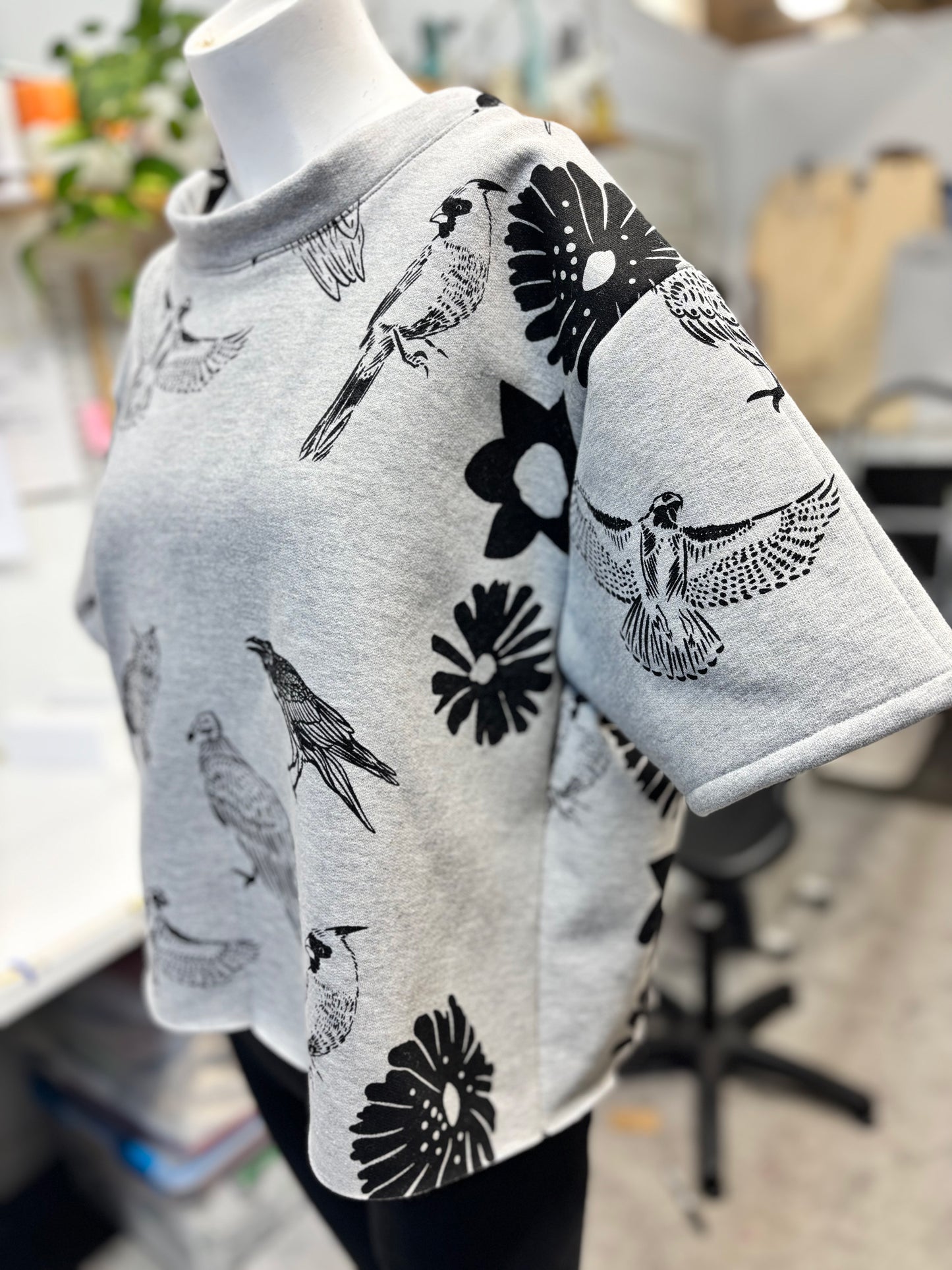 Grey Fleece Short Sleeve Sweatshirt - Birds and Flowers 001 - Hand Printed - One of a Kind - Apparel