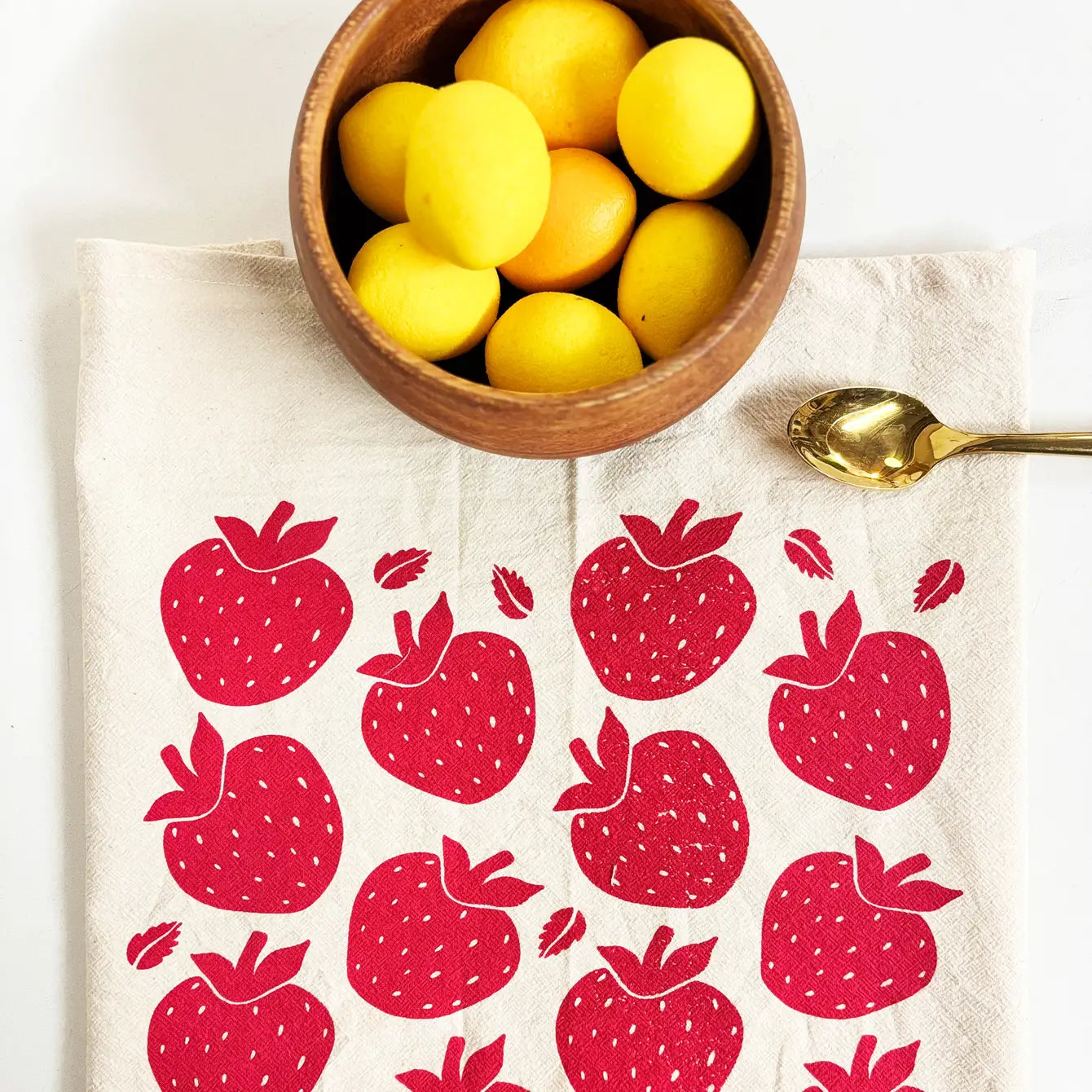 Strawberries Red Hand Printed Organic Tea Towel