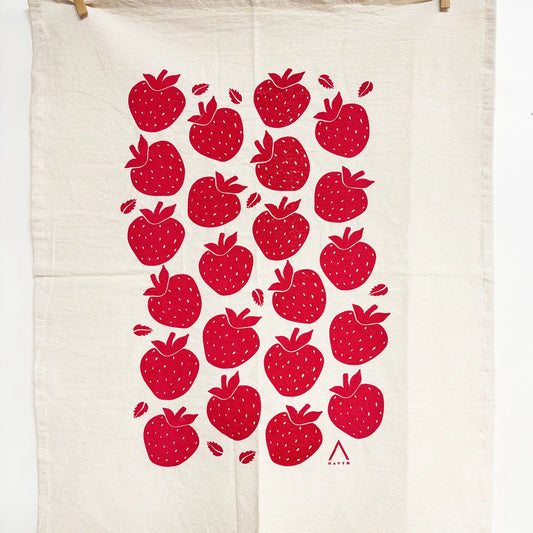 Strawberries Red Hand Printed Organic Tea Towel