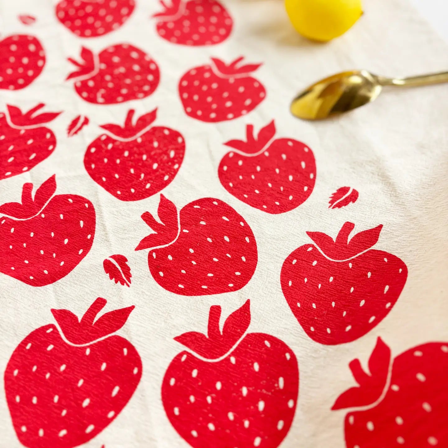 Strawberries Red Hand Printed Organic Tea Towel