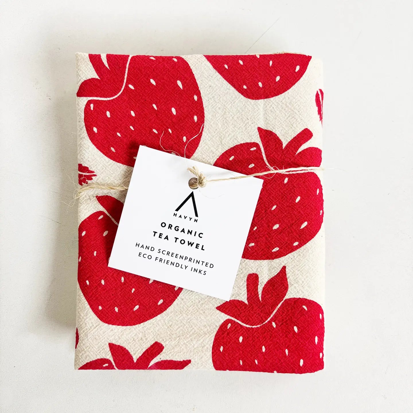 Strawberries Red Hand Printed Organic Tea Towel